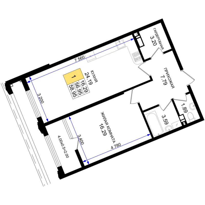 1-комн. 59 м²