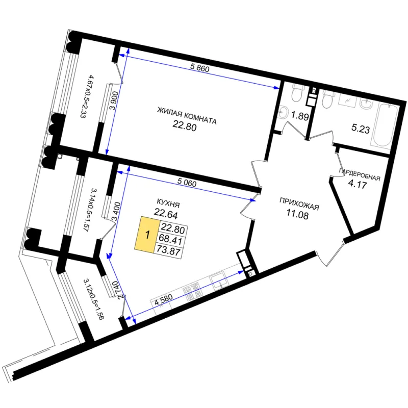 1-комн. 73.9 м²