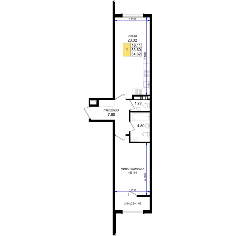 1-комн. 54.6 м²