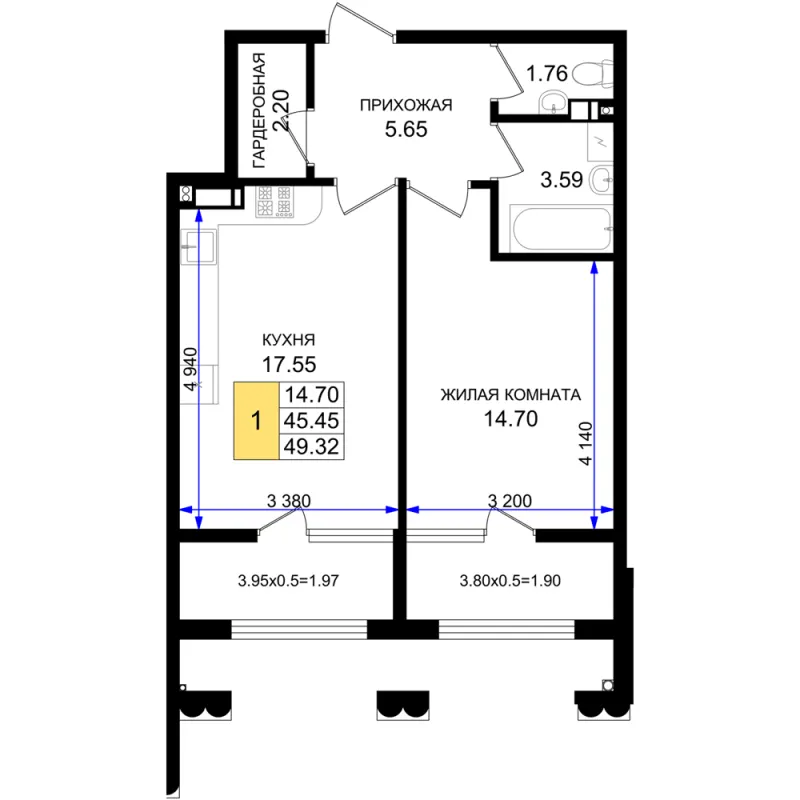 1-комн. 49.3 м²