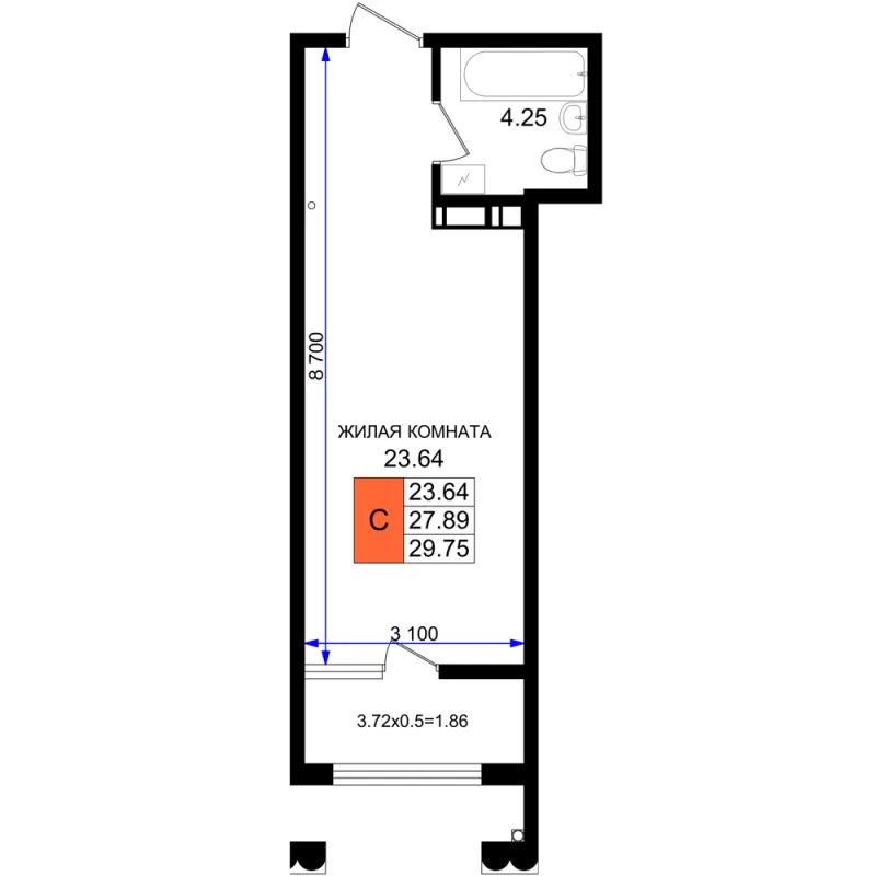 Студия 29.8 м²