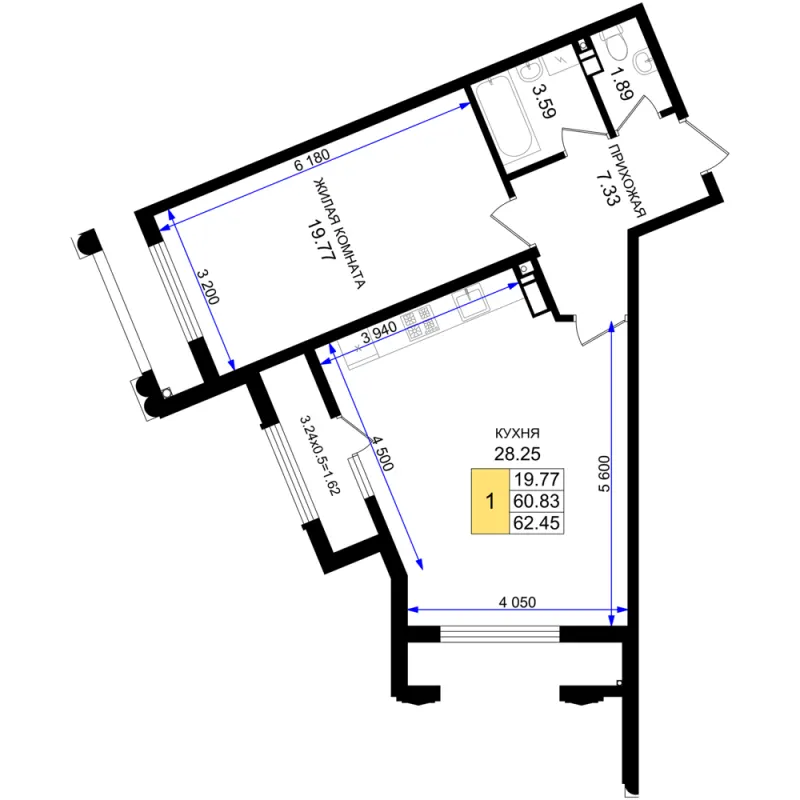 1-комн. 62.5 м²