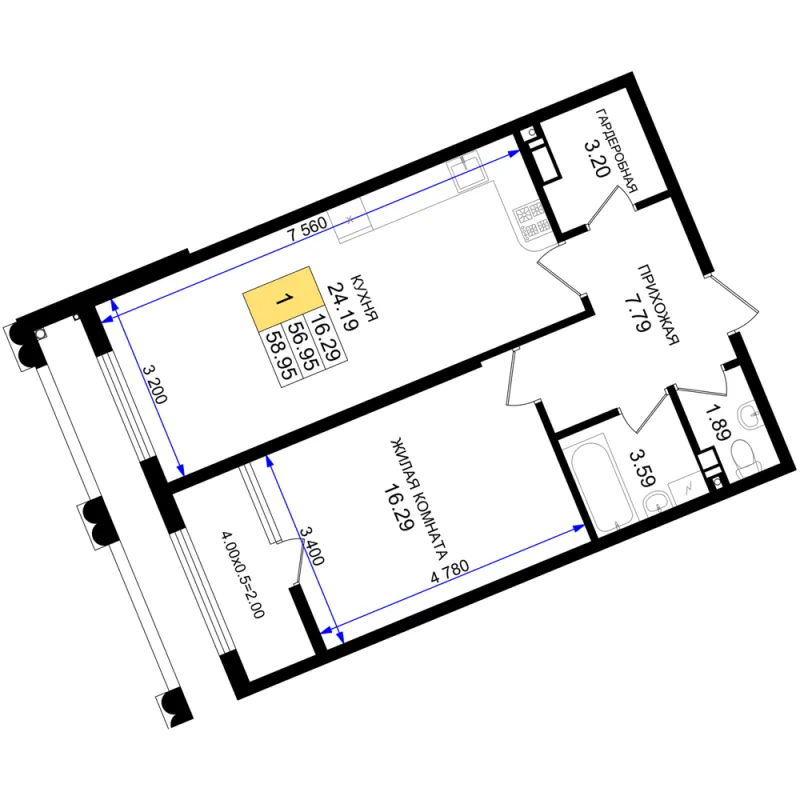 1-комн. 59 м²