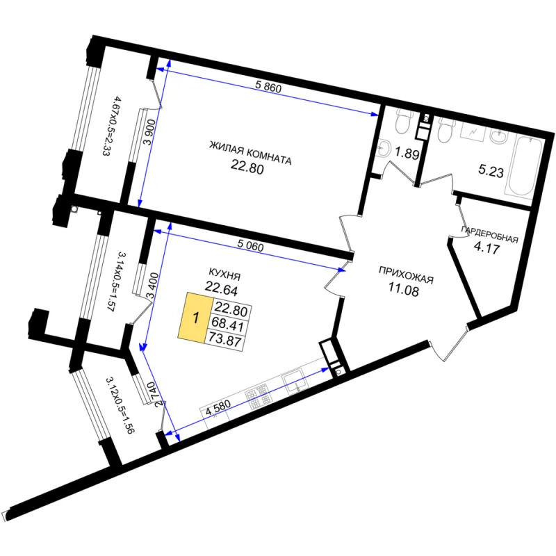 1-комн. 73.9 м²