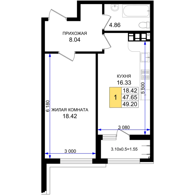 1-комн. 49.2 м²