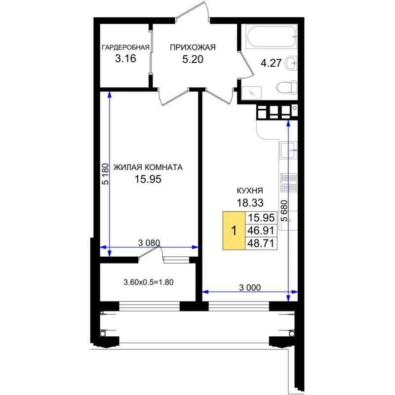 1-комн. 48.7 м²
