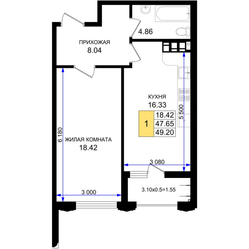 1-комн. 49.2 м²