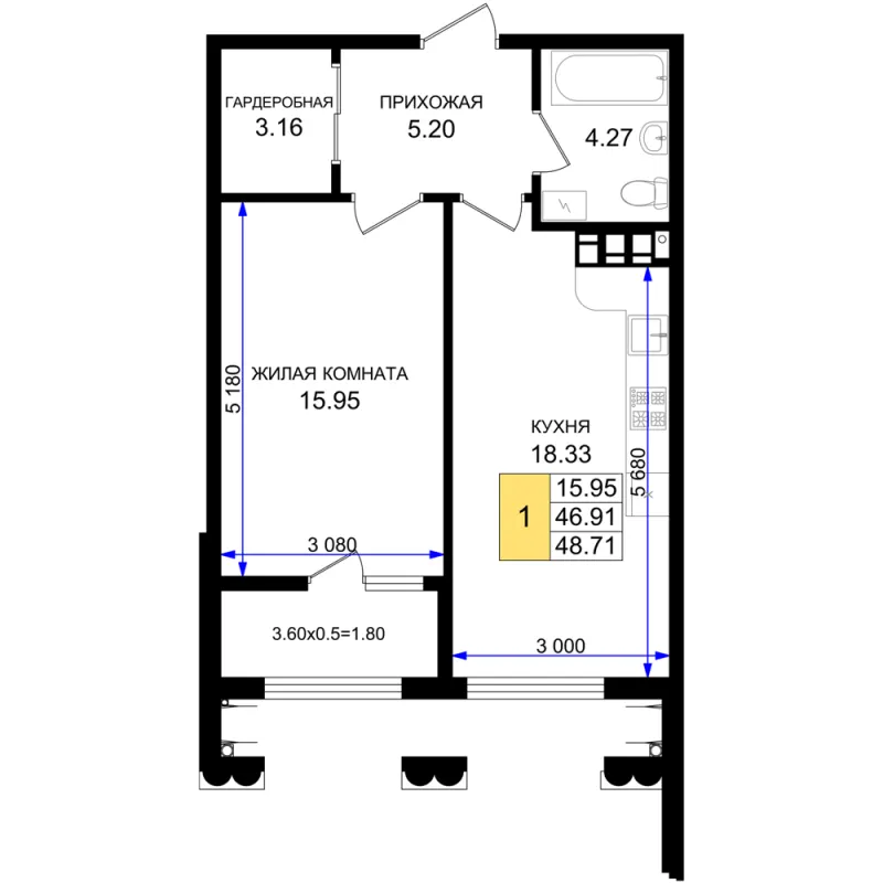 1-комн. 48.7 м²