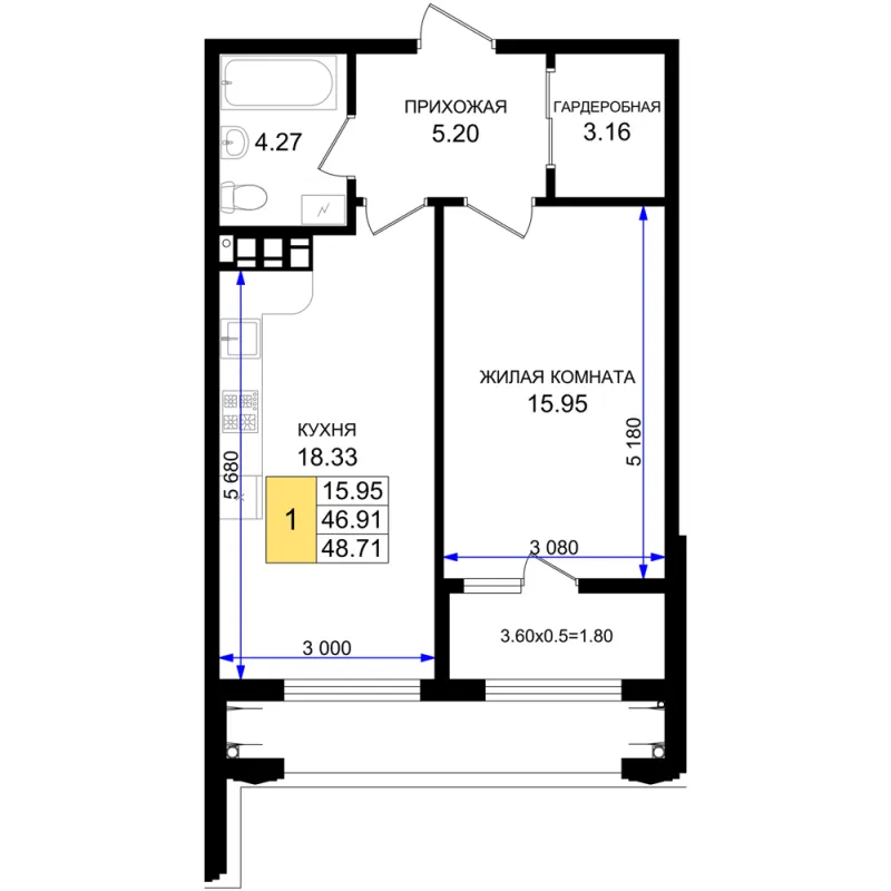 1-комн. 48.7 м²