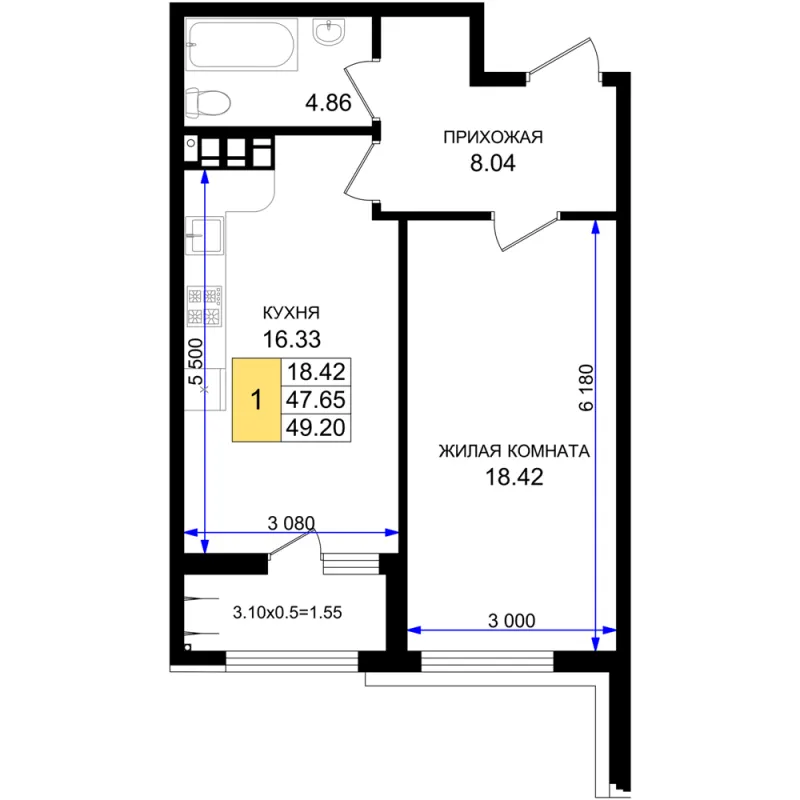 1-комн. 49.2 м²