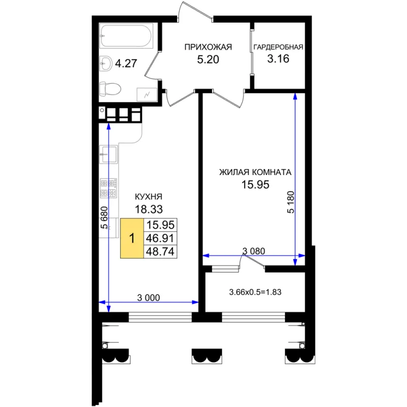 1-комн. 48.7 м²