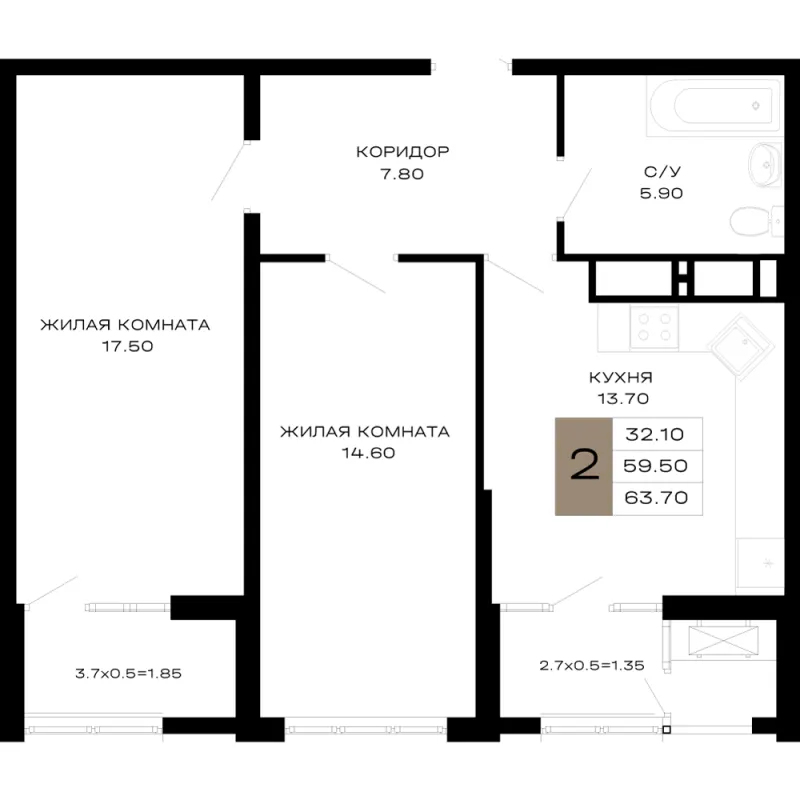 2-комн. 63.7 м²