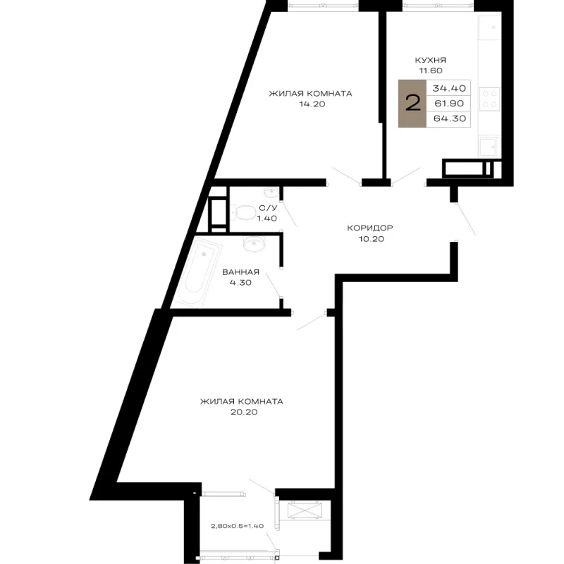 2-комн. 64.3 м²