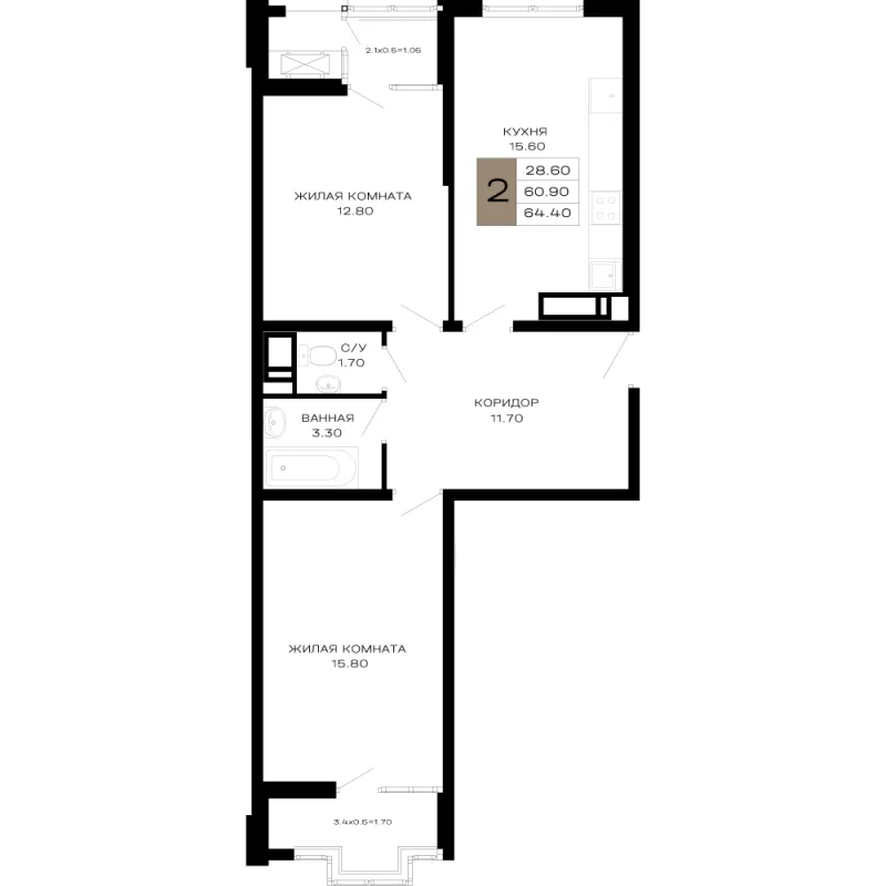 2-комн. 64.4 м²