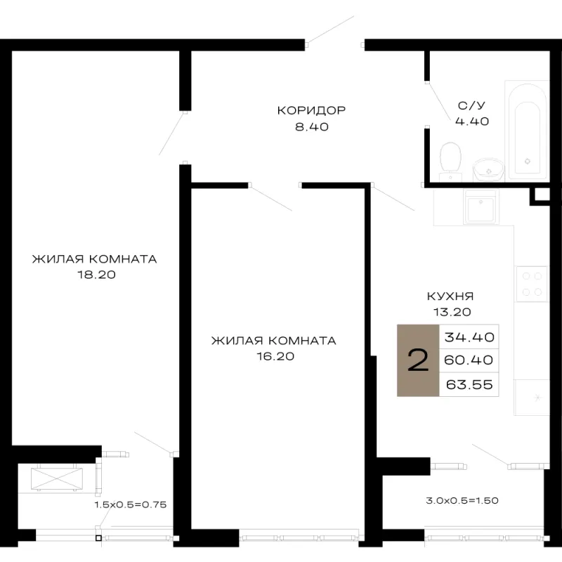 2-комн. 63.6 м²