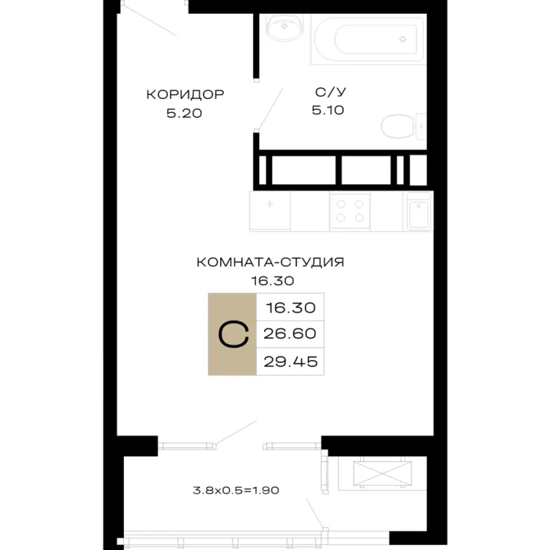 Студия 29.5 м²