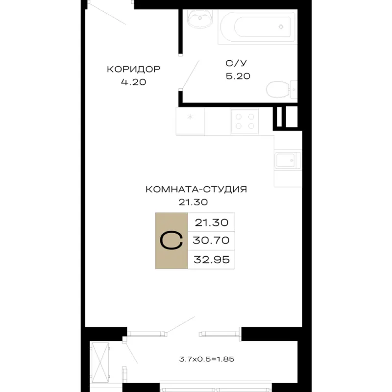 Студия 33 м²