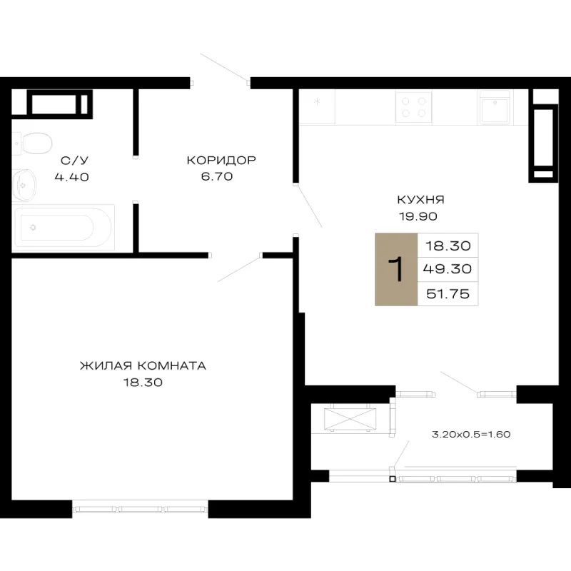 1-комн. 51.8 м²