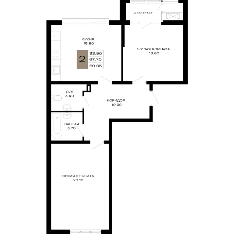 2-комн. 70 м²
