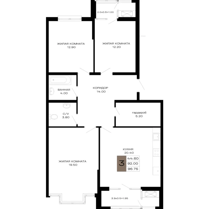 3-комн. 96.8 м²