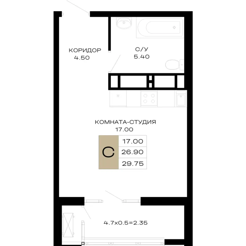 Студия 29.8 м²