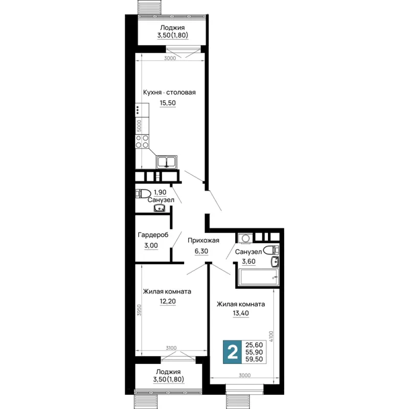 2-комн. 59.5 м²