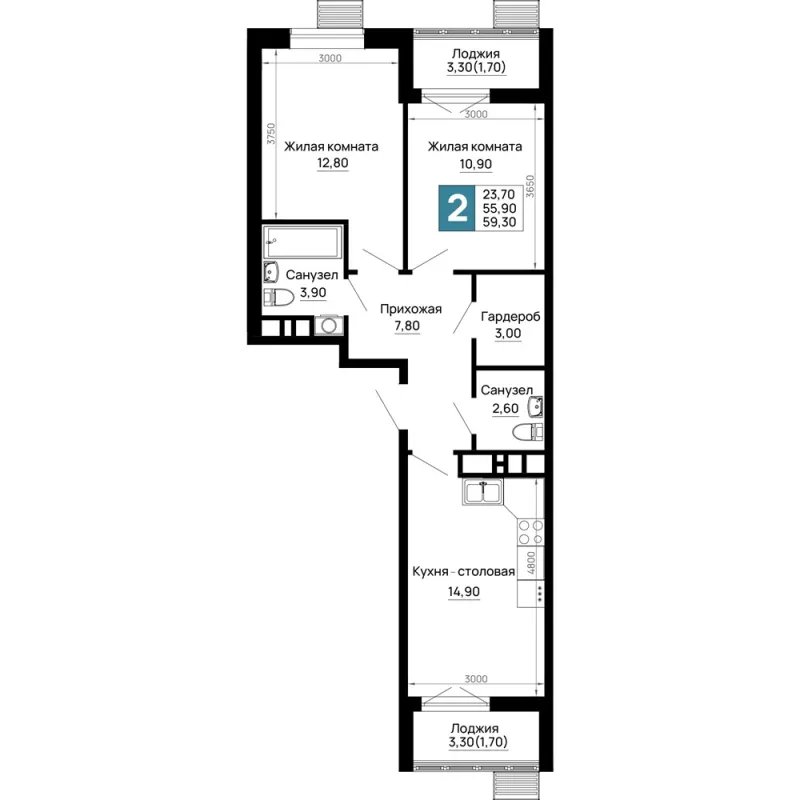 2-комн. 59.3 м²