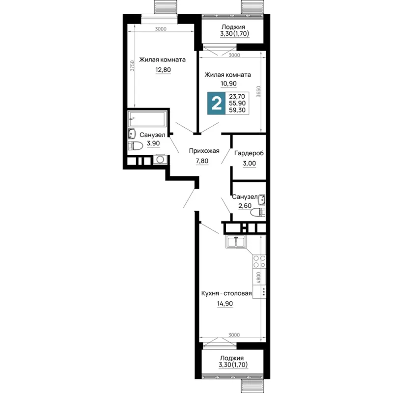 2-комн. 59.3 м²