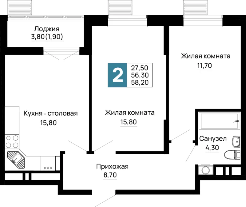 2-комн. 58.2 м²