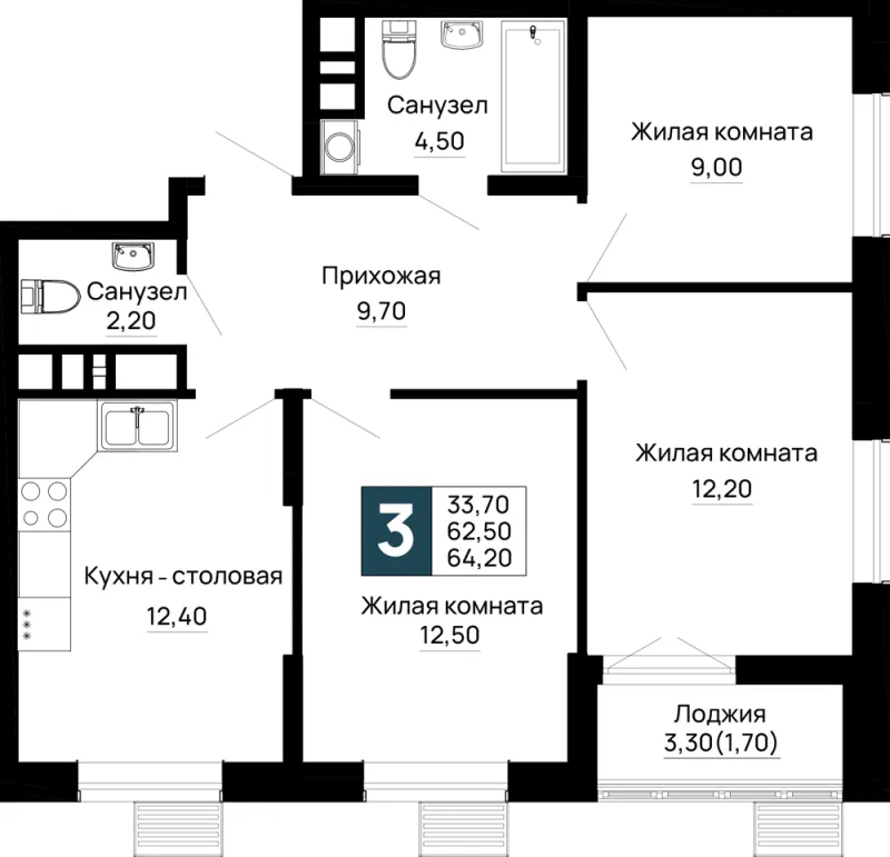 3-комн. 64.2 м²