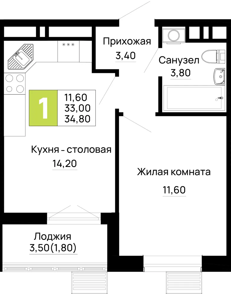 1-комн. 34.8 м²