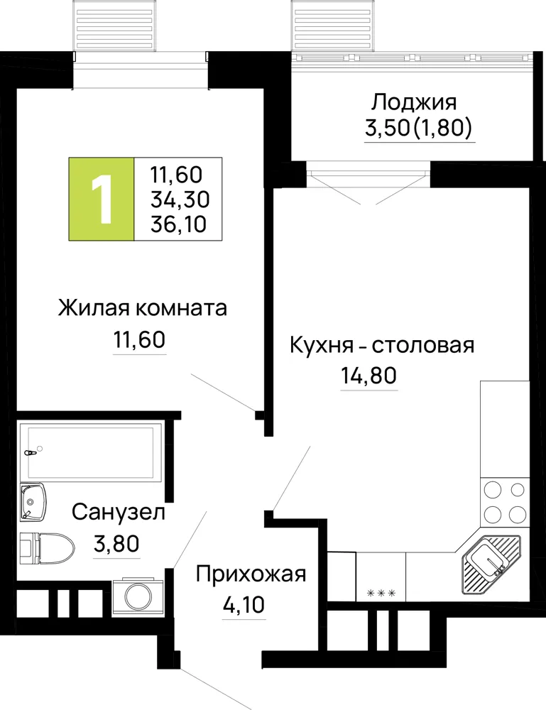 1-комн. 36.1 м²