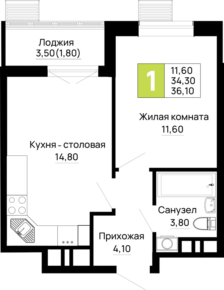 1-комн. 36.1 м²