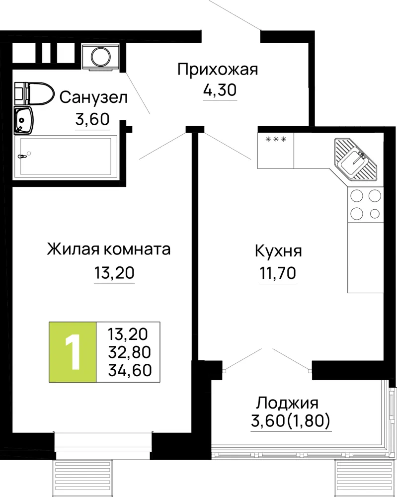 1-комн. 34.6 м²