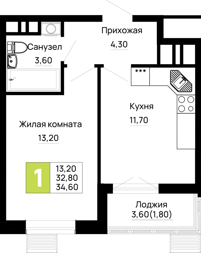 1-комн. 34.6 м²