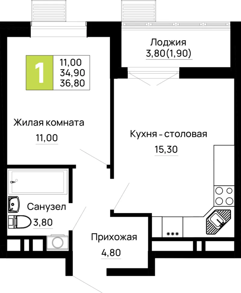 1-комн. 36.8 м²