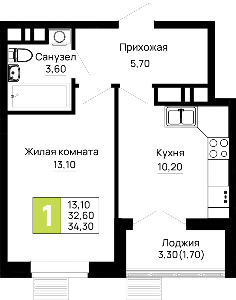 1-комн. 34.3 м²