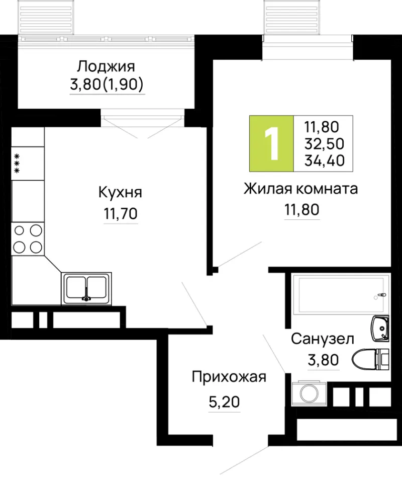 1-комн. 34.4 м²