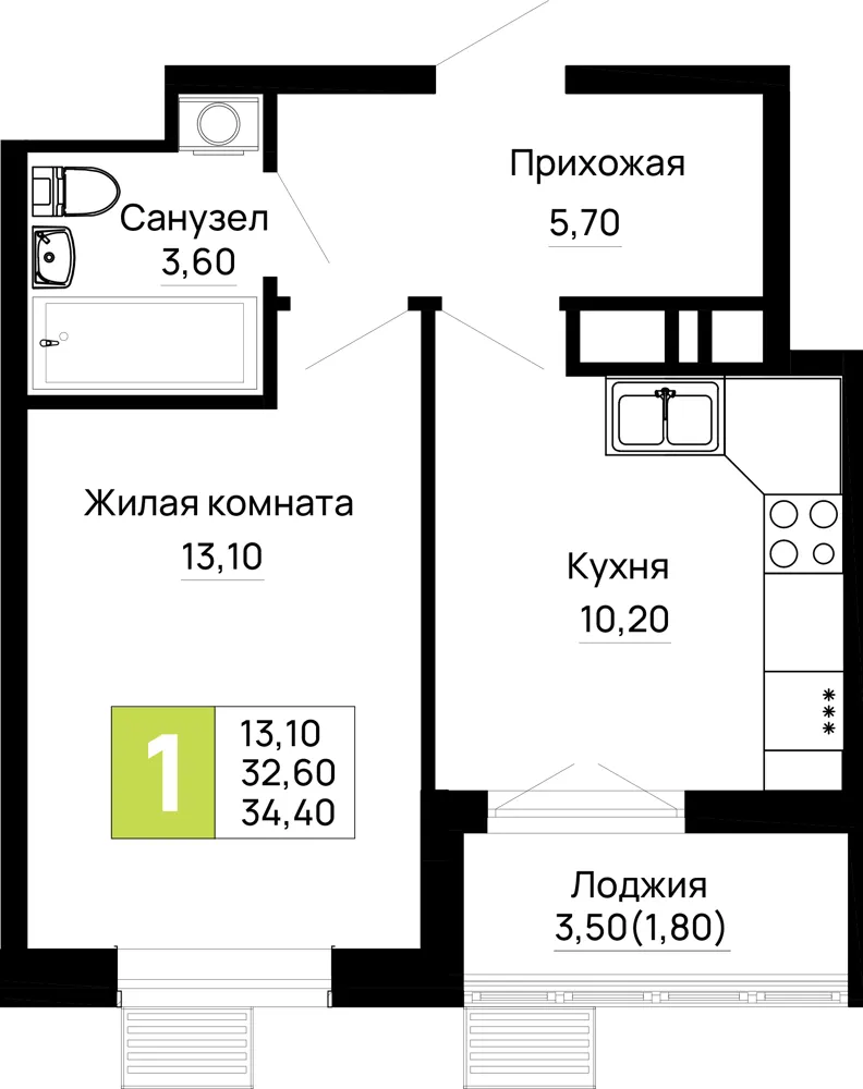 1-комн. 34.4 м²