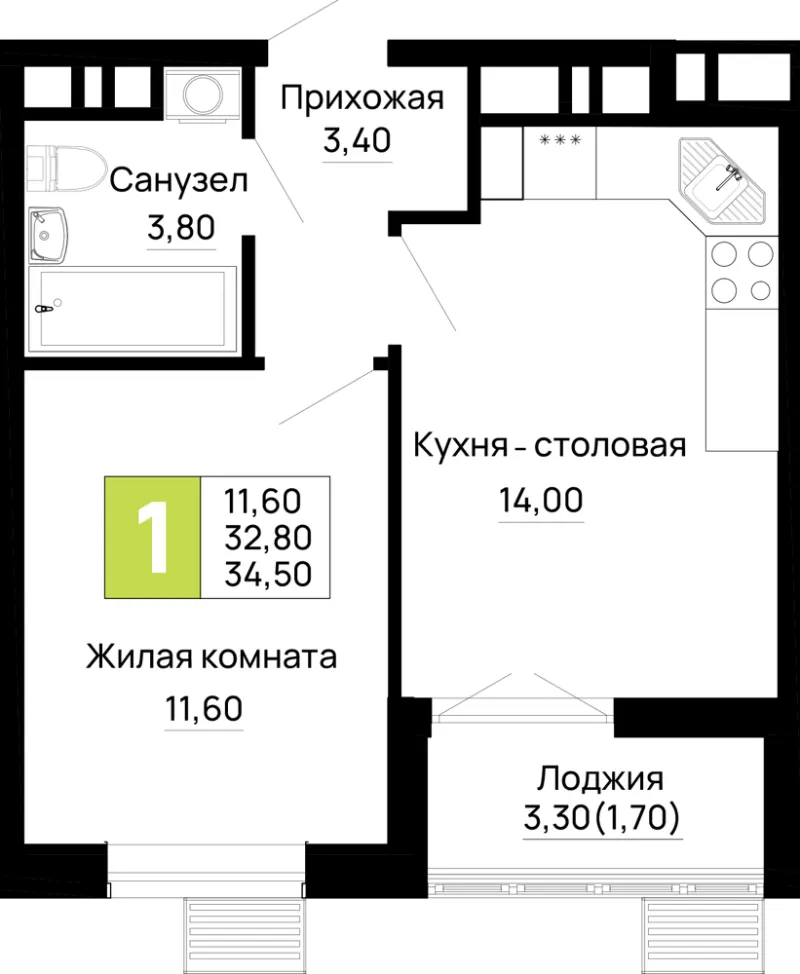 1-комн. 34.5 м²