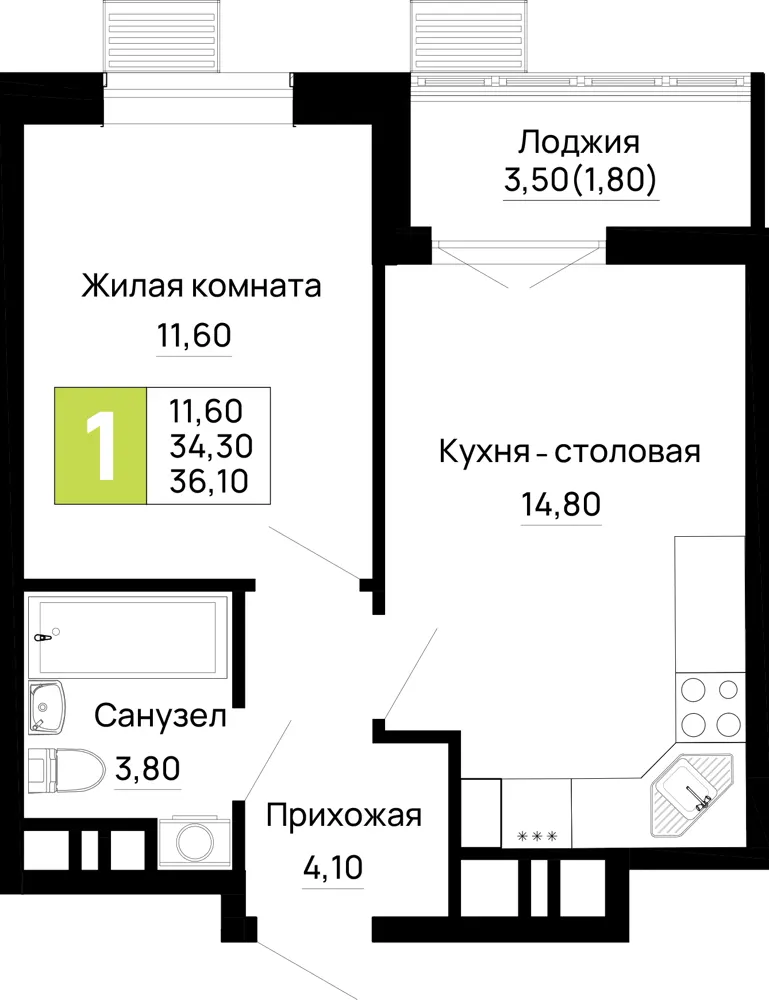 1-комн. 36.1 м²