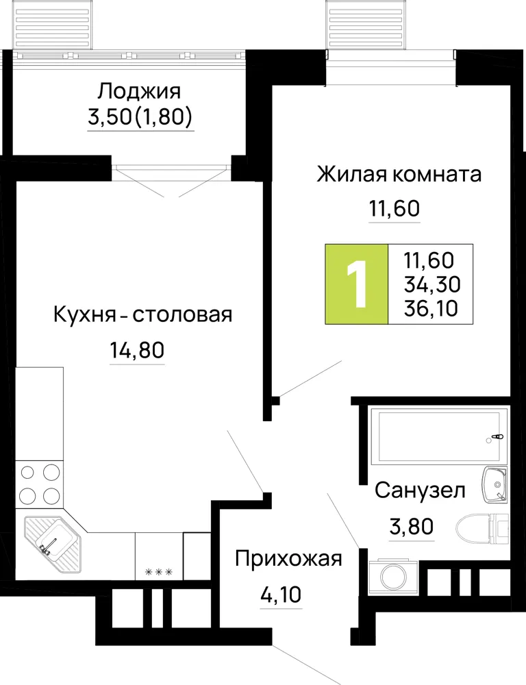 1-комн. 36.1 м²