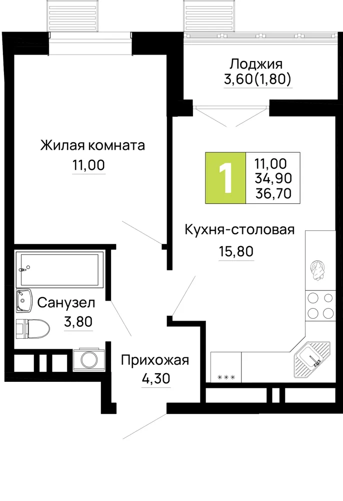 1-комн. 36.7 м²