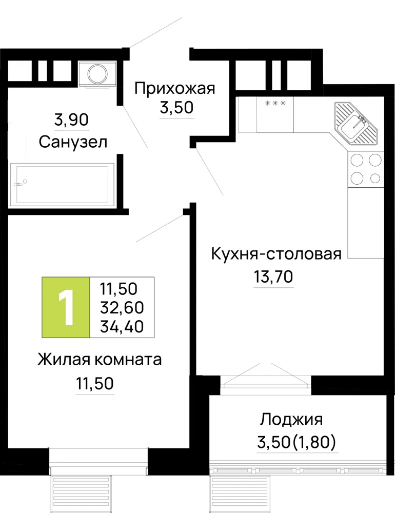 1-комн. 34.4 м²