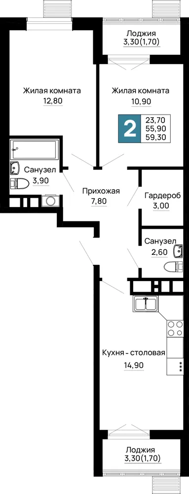 2-комн. 59.3 м²