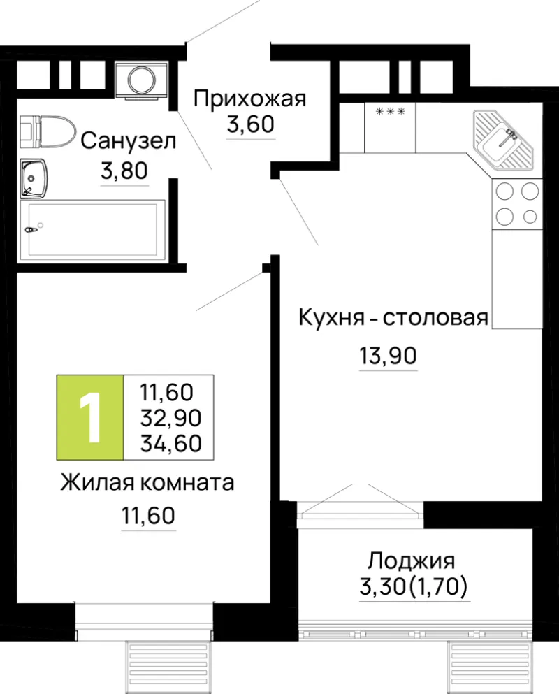 1-комн. 34.6 м²
