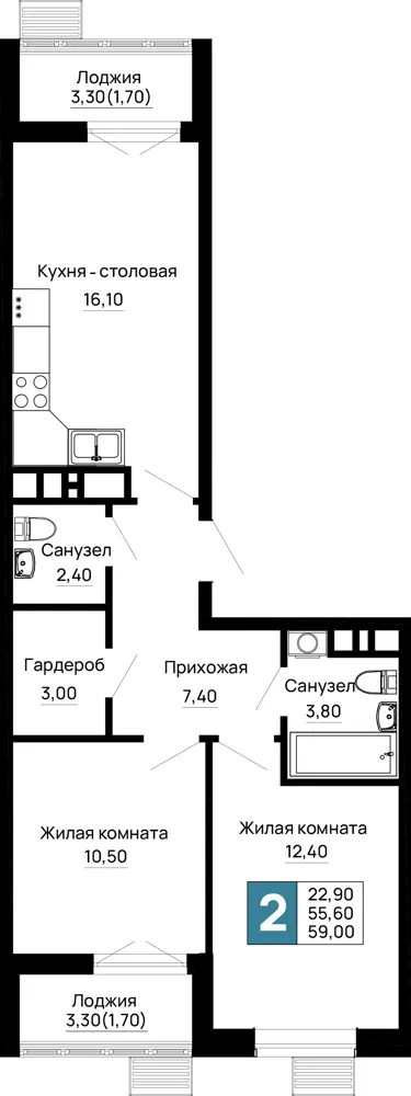 2-комн. 59 м²