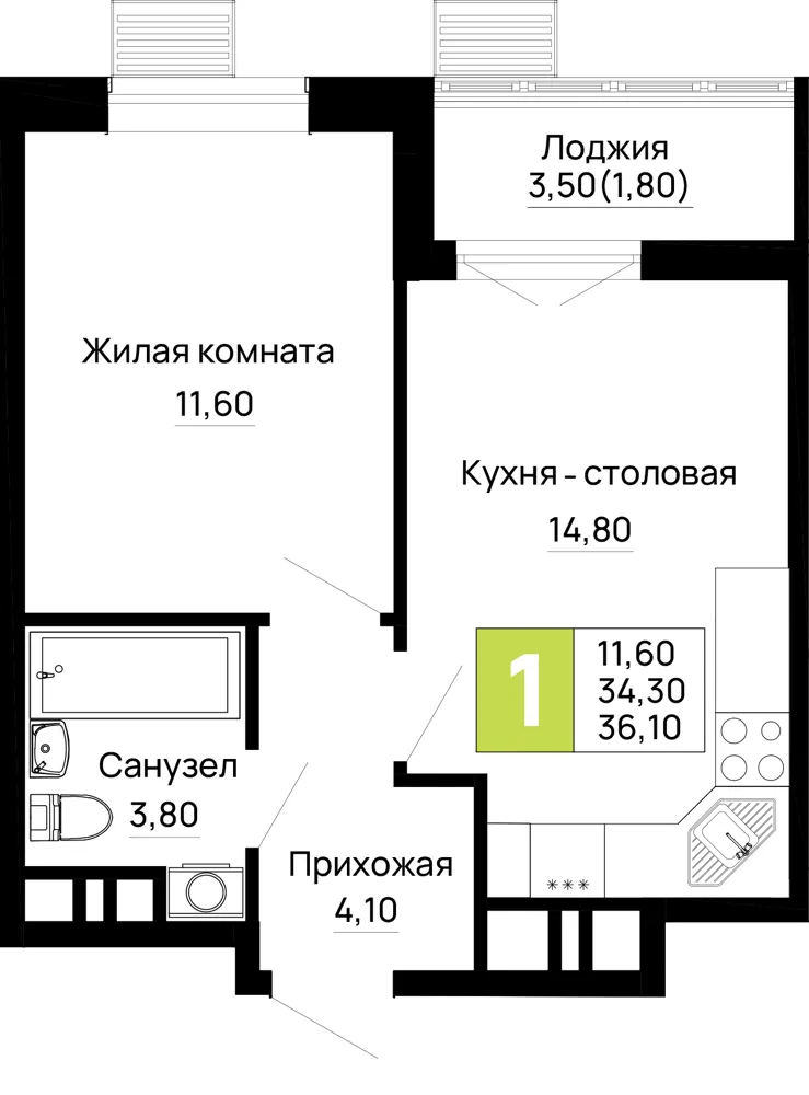 1-комн. 36.1 м²