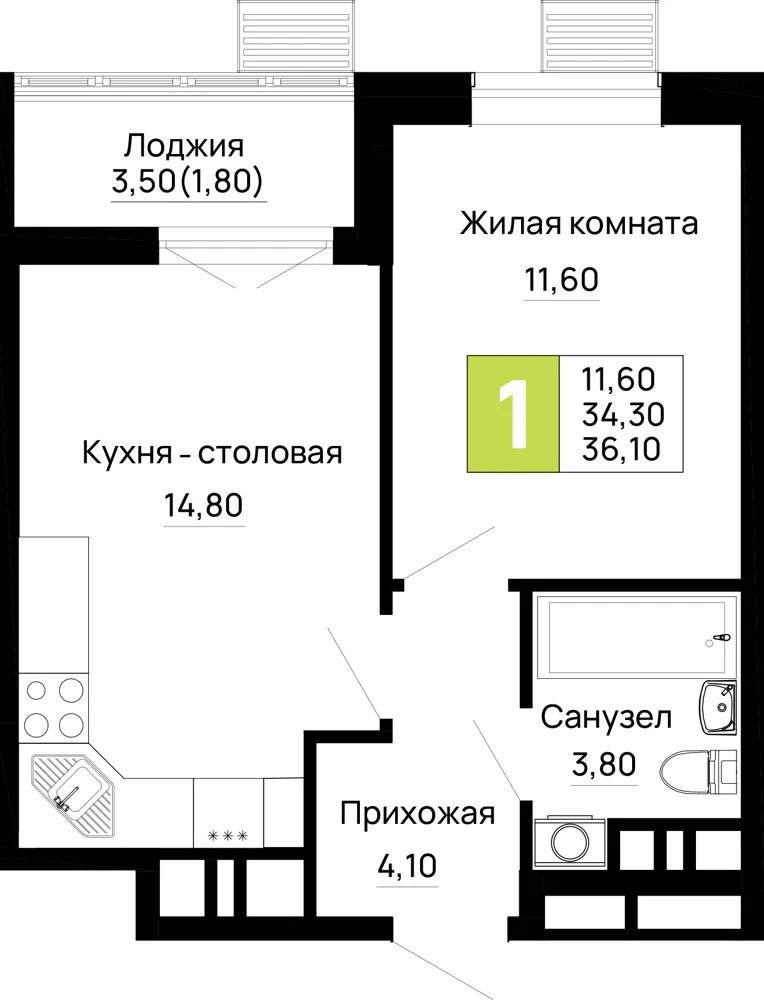 1-комн. 36.1 м²