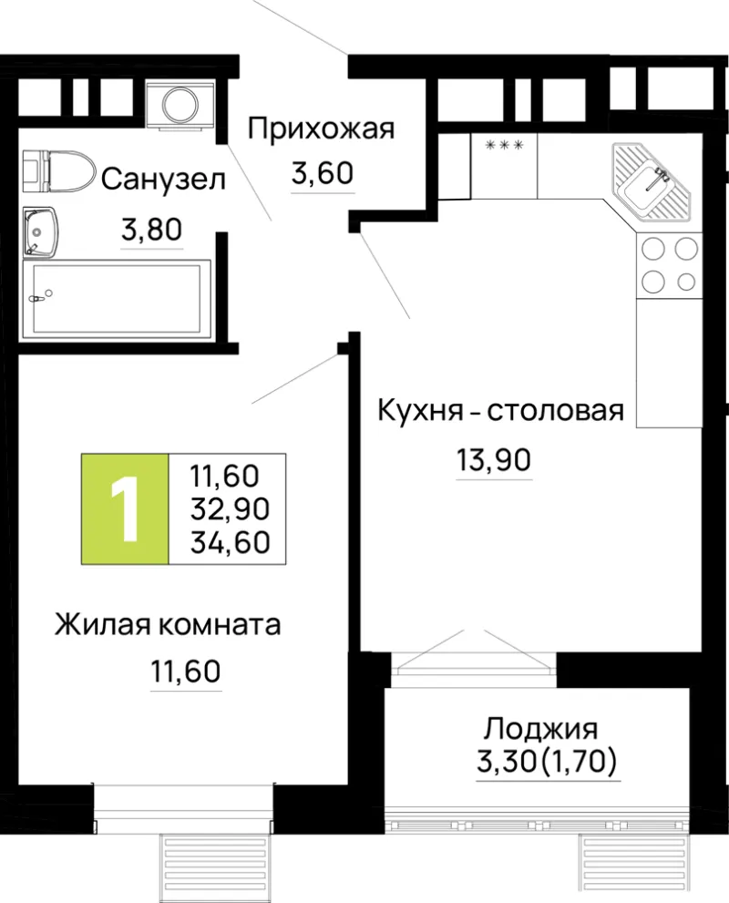 1-комн. 34.6 м²